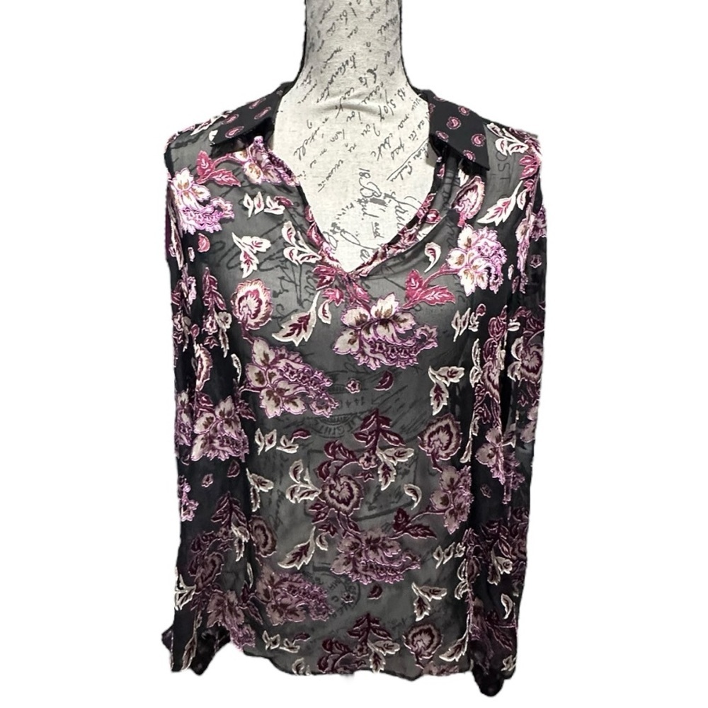 WHBM Sheer Long Sleeve Collared Floral Pullover Blouse Size Small